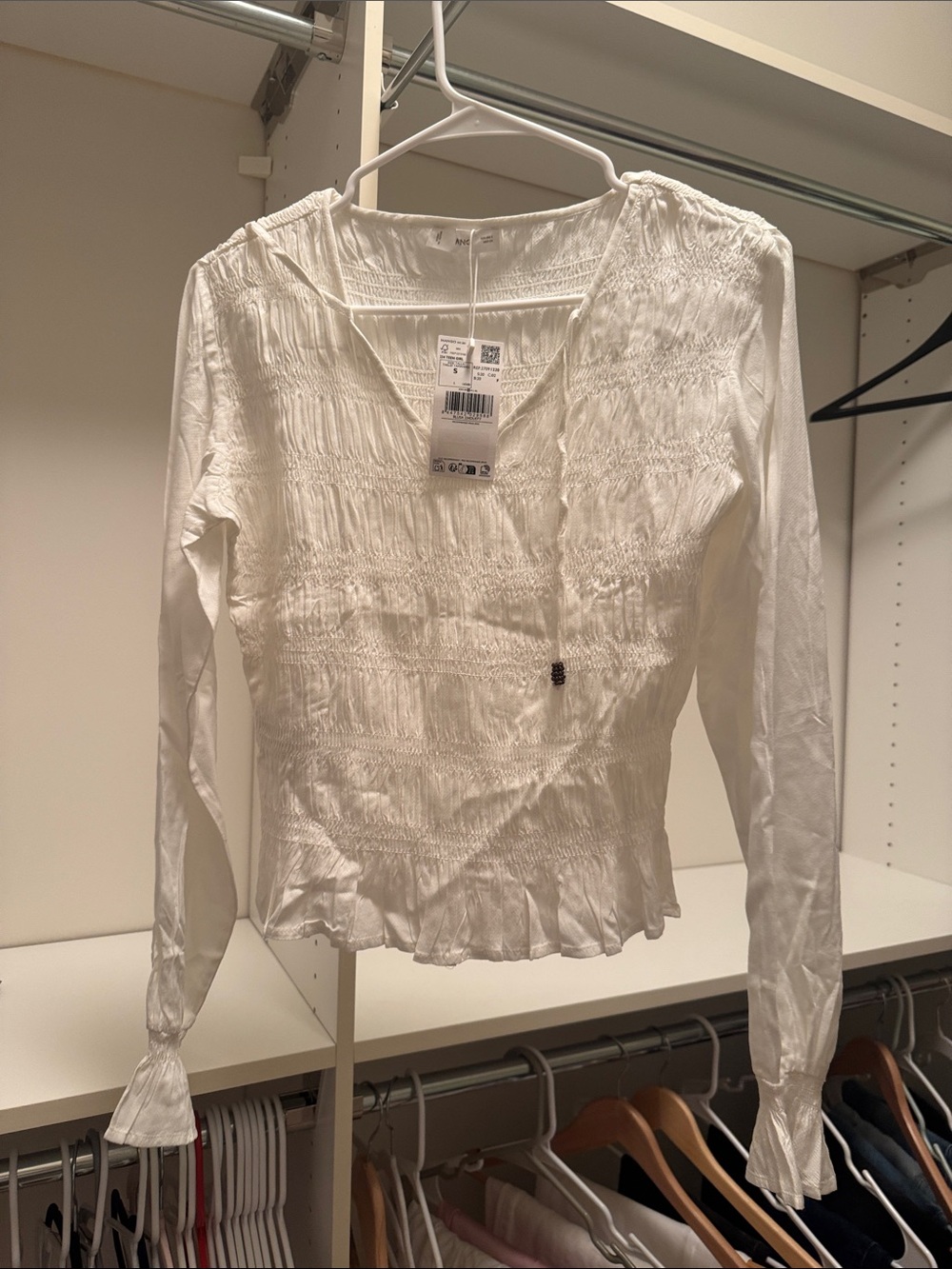 Smocked V-Neck Long Sleeve Blouse in White